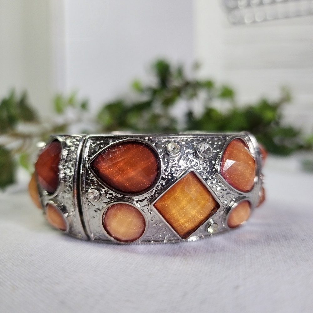 Silver with Orange Faceted Acrylic Accent Stones Stretch Bracelet